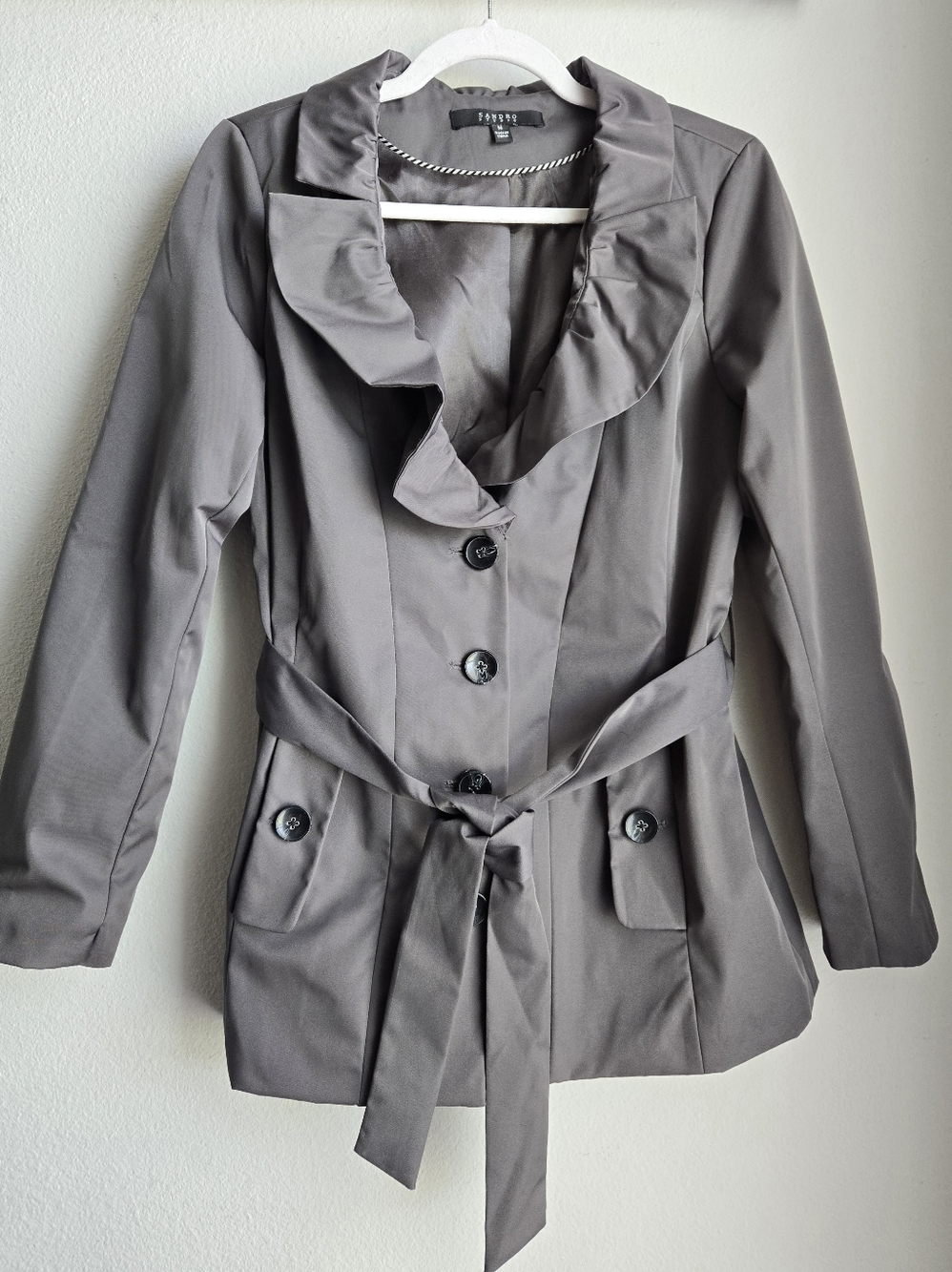 Sandro Studio's Gray Ruffled Single Breasted Trench Coat, Sz Medium